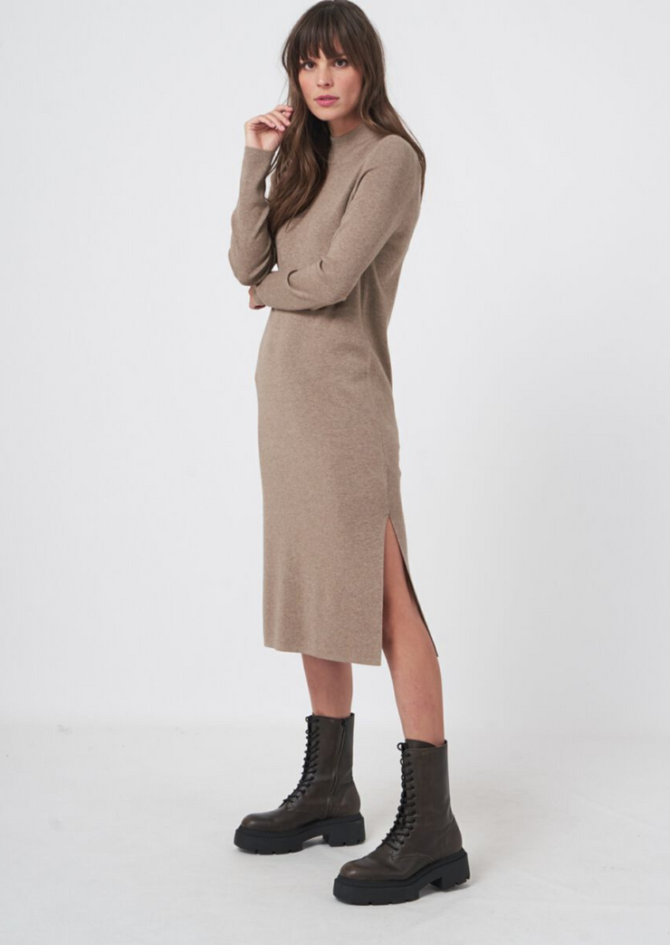 Super Fine Rib Knit Dress w Stand Collar, Dress 400905