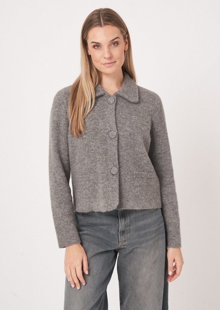 Cropped Bouclé Knit Cardigan with Polo Neck, Cardi 300470