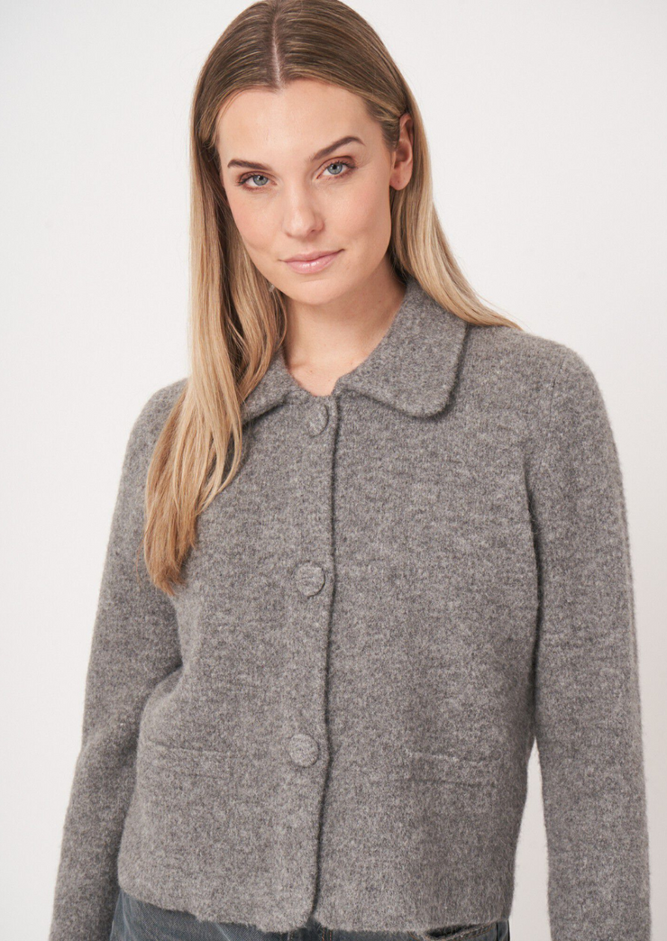 Cropped Bouclé Knit Cardigan with Polo Neck, Cardi 300470