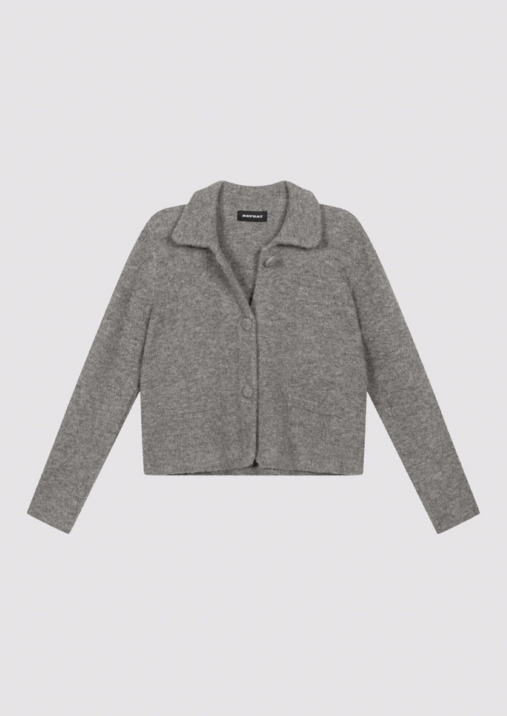 Cropped Bouclé Knit Cardigan with Polo Neck, Cardi 300470