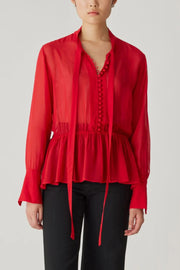 Covered Button Tie Blouse